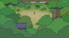 a cartoon character with a surprised look on his face stands in a field with trees