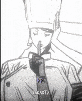 a black and white drawing of a person with their finger on their mouth .