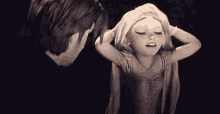 a man and a girl from tangled are standing next to each other .