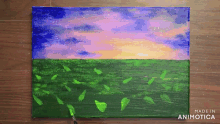 a painting of a field with leaves blowing in the wind is made by animatica