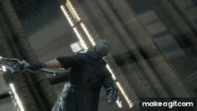 a person is holding a sword in front of a door that is open and a fire is coming out of it