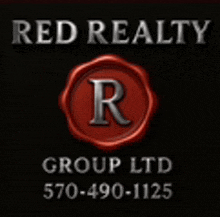the logo for red realty group ltd is a red wax seal with the letter r in the center .