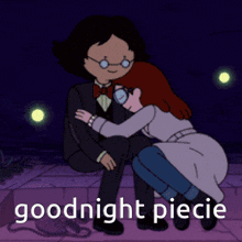 a cartoon of a man and a woman hugging with the words goodnight piecie above them