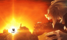 a cartoon character with a shield that says true in front of a fire