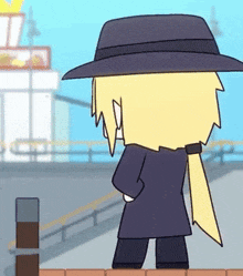 a cartoon character is wearing a hat and standing in front of a mcdonald 's