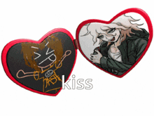 a heart shaped mirror with a picture of a man and the word kiss
