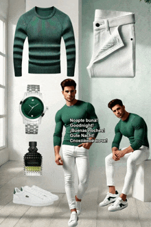 a man wearing a green sweater and white pants is sitting on a box