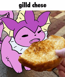 a cartoon of a purple pokemon holding a piece of bread with the caption gild cheese