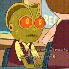 a cartoon character is sitting at a table with the words supervising director wes archer written on the bottom