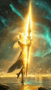 a painting of a person holding a sword in the air .