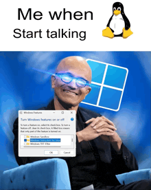 a picture of a man with glasses and the words me when start talking above him