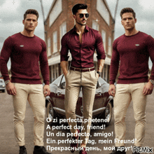a man wearing a maroon shirt and khaki pants is standing in front of a car