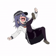 a cartoon of a girl with purple hair and a black hat with an anchor on it