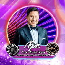 a picture of a man in a tuxedo with the words love always hopes at the bottom