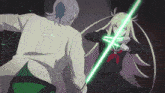 a man and a girl are fighting with glowing green lightsabers