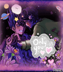 a picture of two anime characters with a speech bubble saying only you