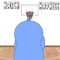 a blue penguin is playing basketball and the words march madness are above him