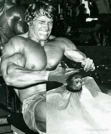 arnold schwarzenegger is cutting a monkey 's hair with a pair of scissors .