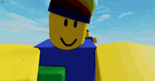a yellow roblox character with a blue shirt and a rainbow hat