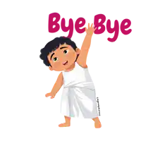 a cartoon illustration of a boy waving with the words bye bye behind him