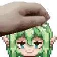 a pixel art of a person putting a hat on a girl with green hair .