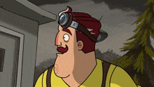 a cartoon character wearing a headlamp and goggles looks to the side
