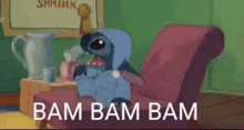 a cartoon of stitch sitting in a chair with the words bam bam bam written on the bottom
