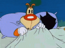 a cartoon dog is laying under a blanket next to a black cat .