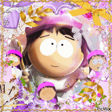 a picture of a south park character with a purple hat and a purple background
