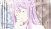 a girl with purple hair is looking at a boy with red hair