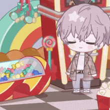 a cartoon character is standing in front of a candy display .