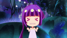 a cartoon girl with purple hair and a white towel around her neck
