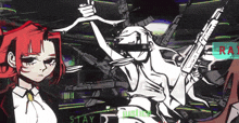 a black and white drawing of a girl holding a gun with the words stay justice in the corner