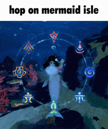 a picture of a mermaid with the words hop on mermaid isle above it