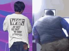 a man wearing a shirt that says walk ay get out my way