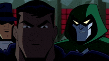 a cartoon of a man and a green hooded figure