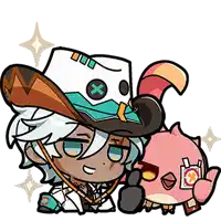 a cartoon character wearing a cowboy hat and holding a bird