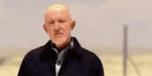 a bald man with a beard and a black jacket is standing in a field .