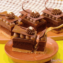 a slice of chocolate cake on a plate with easy plus written in the corner
