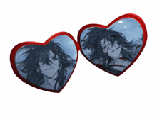 a pair of red heart shaped sunglasses with a picture of a man on them