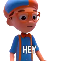 a cartoon character waving with the word hey written on his shirt