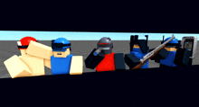 a group of roblox characters standing next to each other with one holding a gun