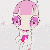 a close up of a cartoon character with pink hair and big eyes .