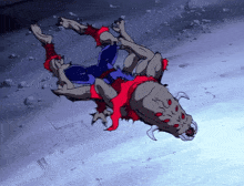 a cartoon character is laying on its back on a concrete surface