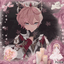 a picture of a girl with pink hair and a crown is surrounded by pink flowers and candles