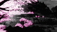 a black and white photo of a house surrounded by cherry blossom trees