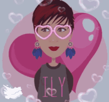 a girl wearing heart shaped glasses and a shirt that says illy