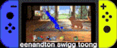 a blue and yellow nintendo switch with the words eenandton swigg toong at the bottom