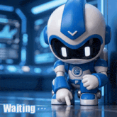 a blue and white robot with the word forward on the chest