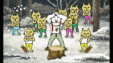 a group of cartoon cats are standing around a man standing on a stump